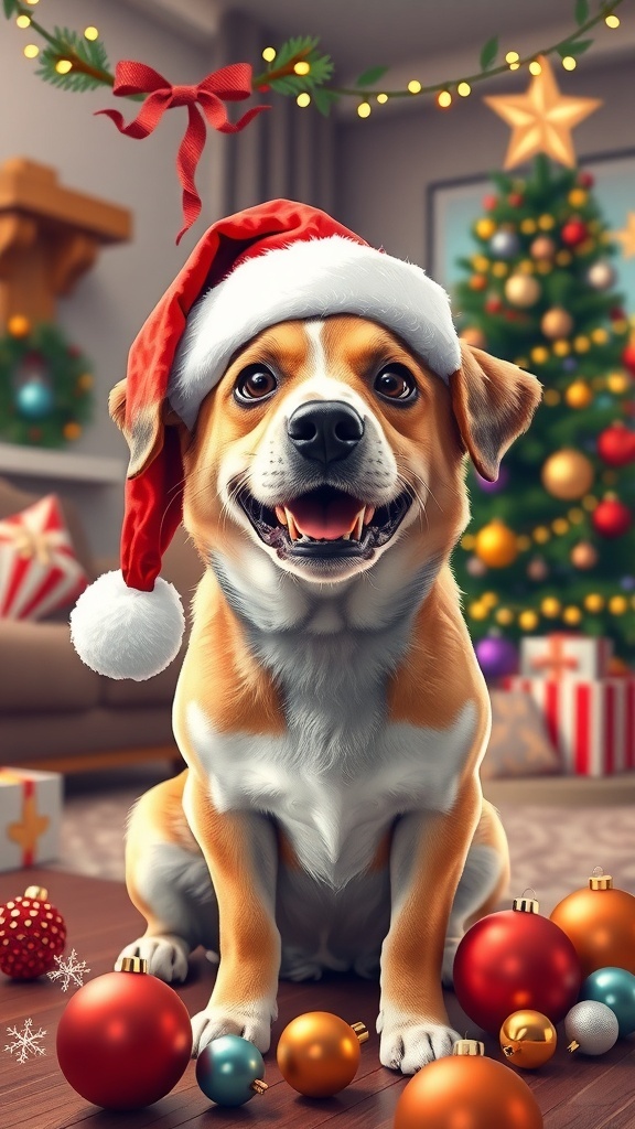 A cheerful dog in a Santa hat on a Christmas card with holiday decorations.